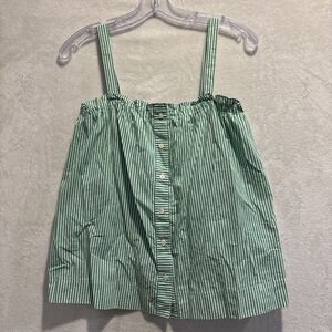 J. Crew Tank Top Women's 4 White Green Striped Button Front Ruffle Sleeveless